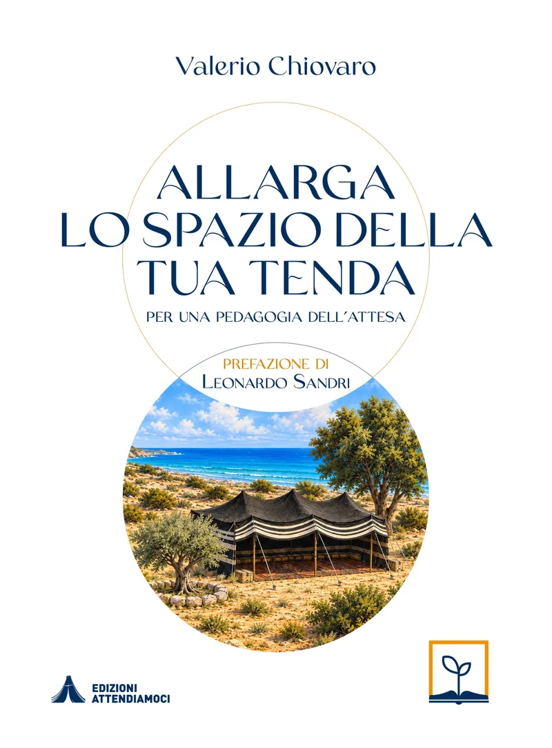 Copertina di «Allarga lo spazio della tua tenda»: una tenda beduina nera fra gli ulivi, davanti al mare.